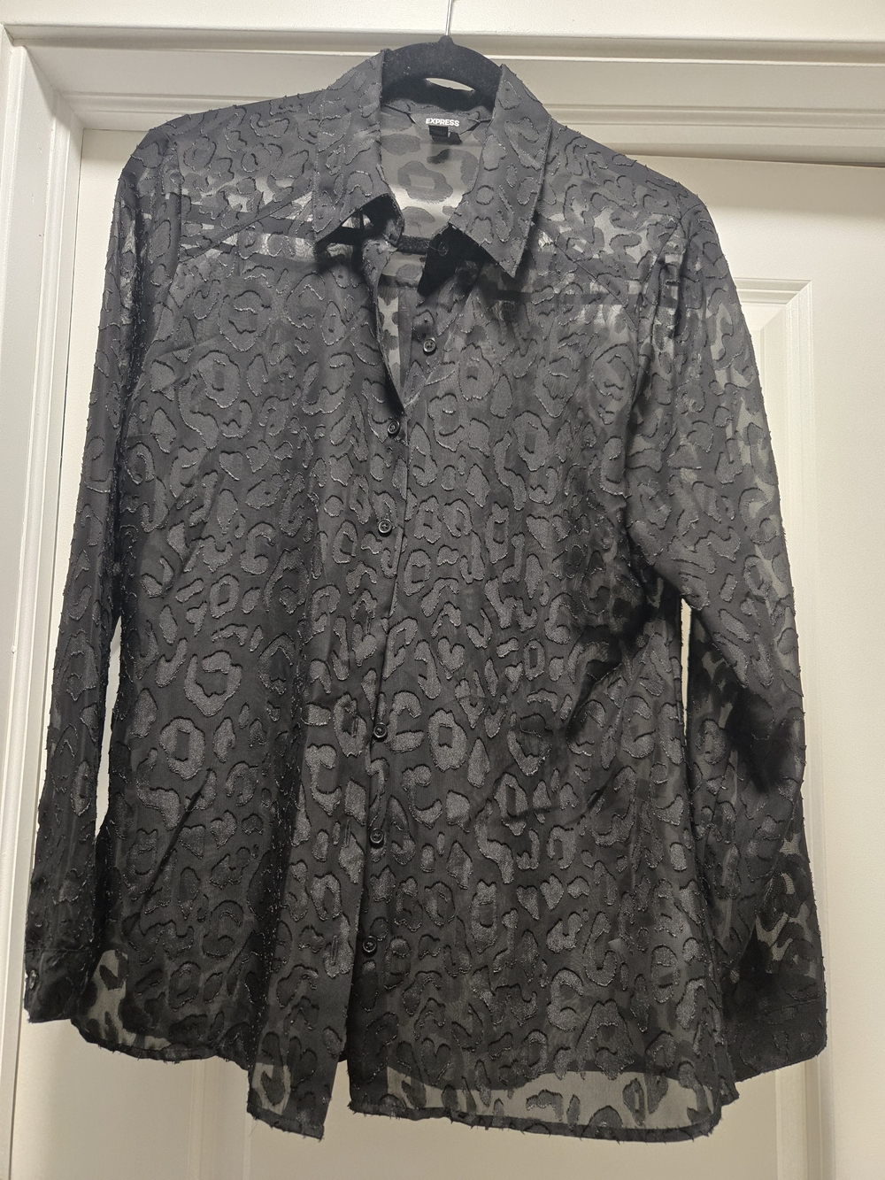 Express Black Sheer Leopard-Pattern Button-Up Blouse